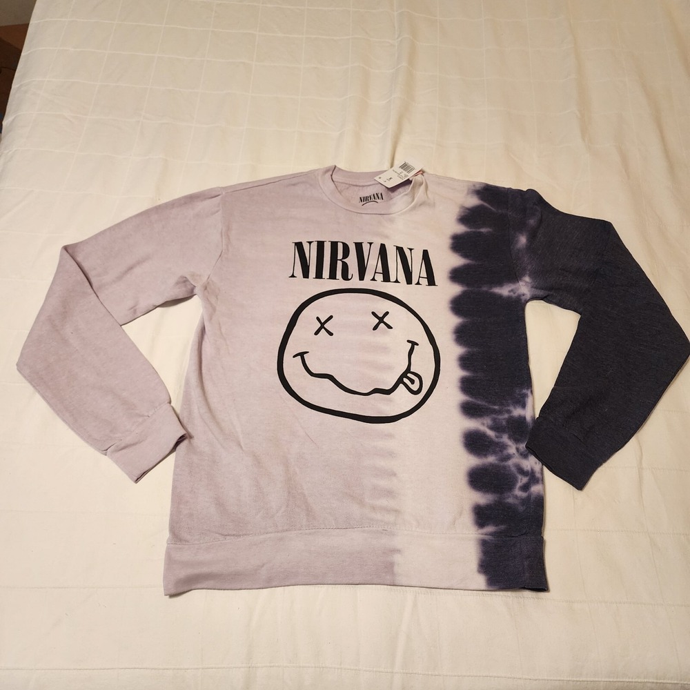 NWT Size SMALL Mens Nirvana Graphic Tie Dye Sweatshirt Purple Pink Smiley Face